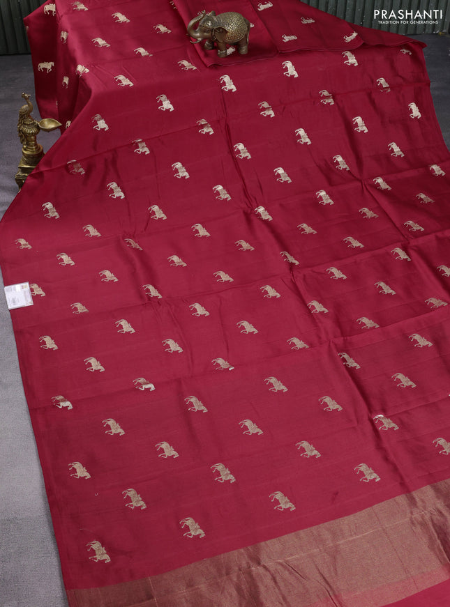 Chiniya silk saree red and green with horse zari woven buttas in borderless style