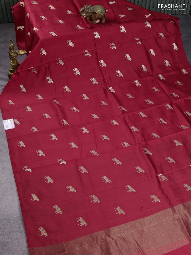 Chiniya silk saree red and green with horse zari woven buttas in borderless style