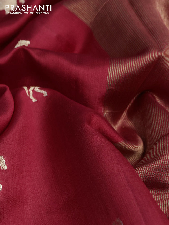 Chiniya silk saree red and green with horse zari woven buttas in borderless style