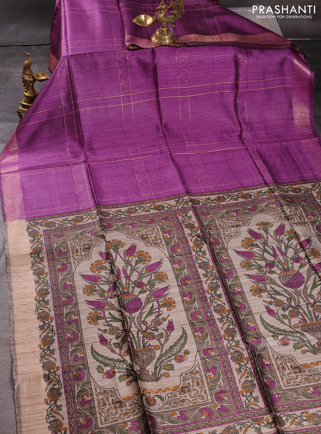 Pure dupion silk saree purple and beige with allover zari weaves and kalamkari printed pallu