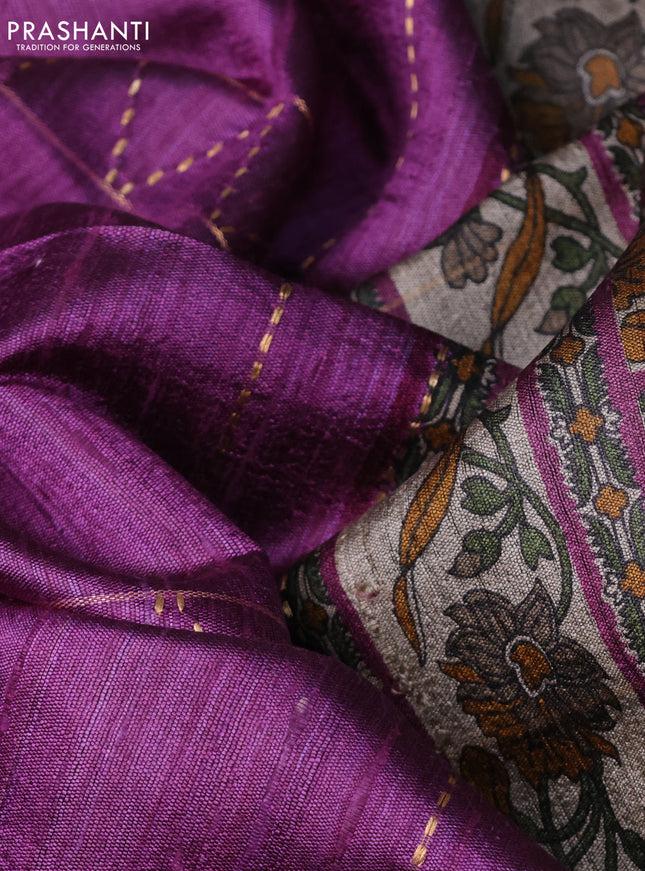 Pure dupion silk saree purple and beige with allover zari weaves and kalamkari printed pallu