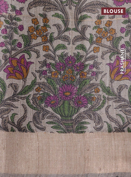 Pure dupion silk saree purple and beige with allover zari weaves and kalamkari printed pallu