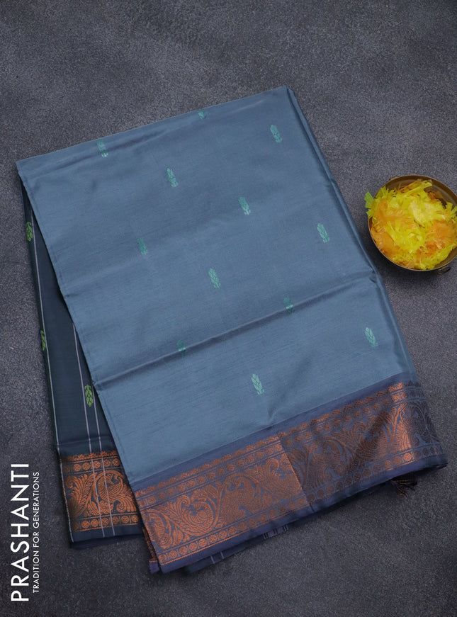 Banana pith saree grey and dual shade of greenish violet with thread woven buttas and copper zari woven border