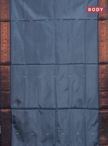 Banana pith saree grey and dual shade of greenish violet with thread woven buttas and copper zari woven border