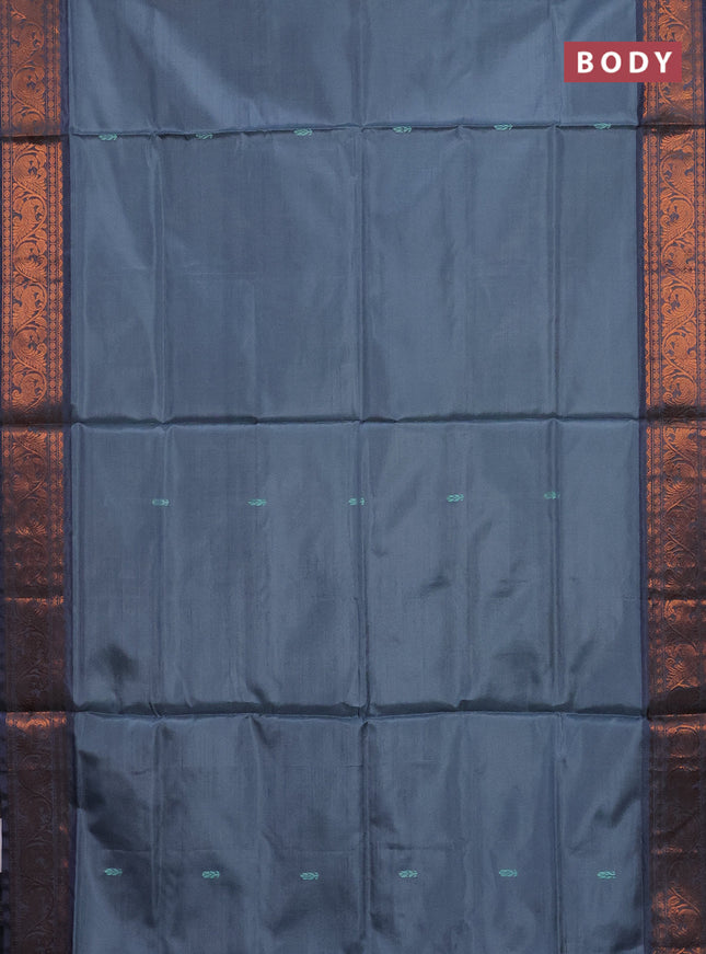 Banana pith saree grey and dual shade of greenish violet with thread woven buttas and copper zari woven border