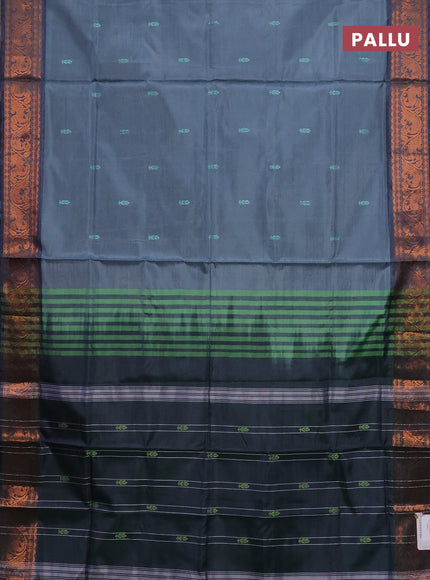 Banana pith saree grey and dual shade of greenish violet with thread woven buttas and copper zari woven border