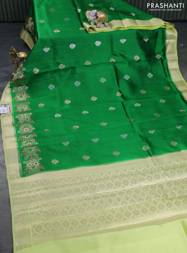 Banarasi poona silk saree green and pista green with silver & gold zari woven buttas and zari woven border