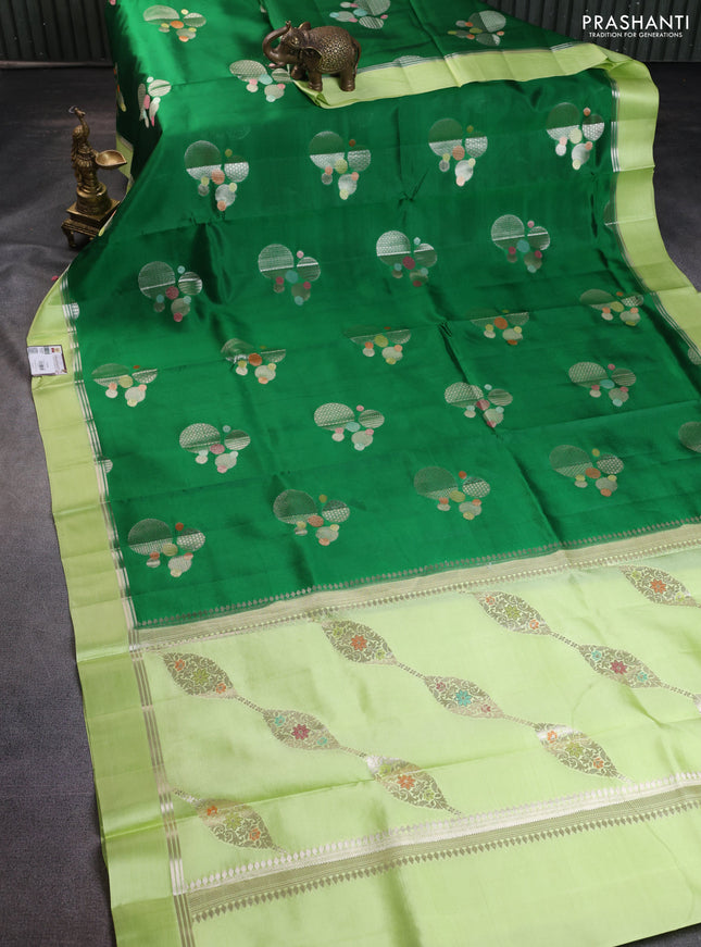 Banarasi poona silk saree green and light green with thread & zari woven geometric buttas and zari woven simple border