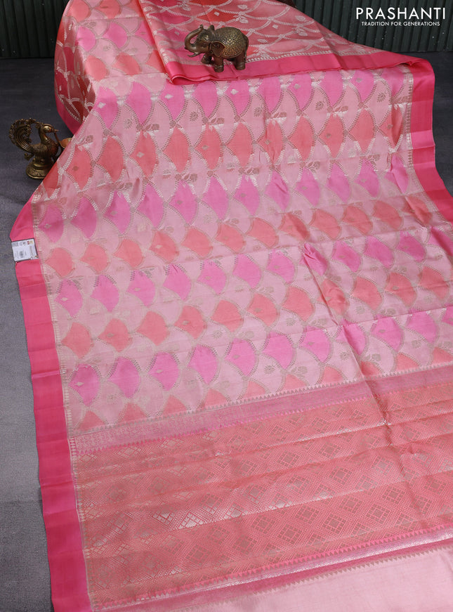 Banarasi poona silk saree peach pink with allover zari weaves and simple border