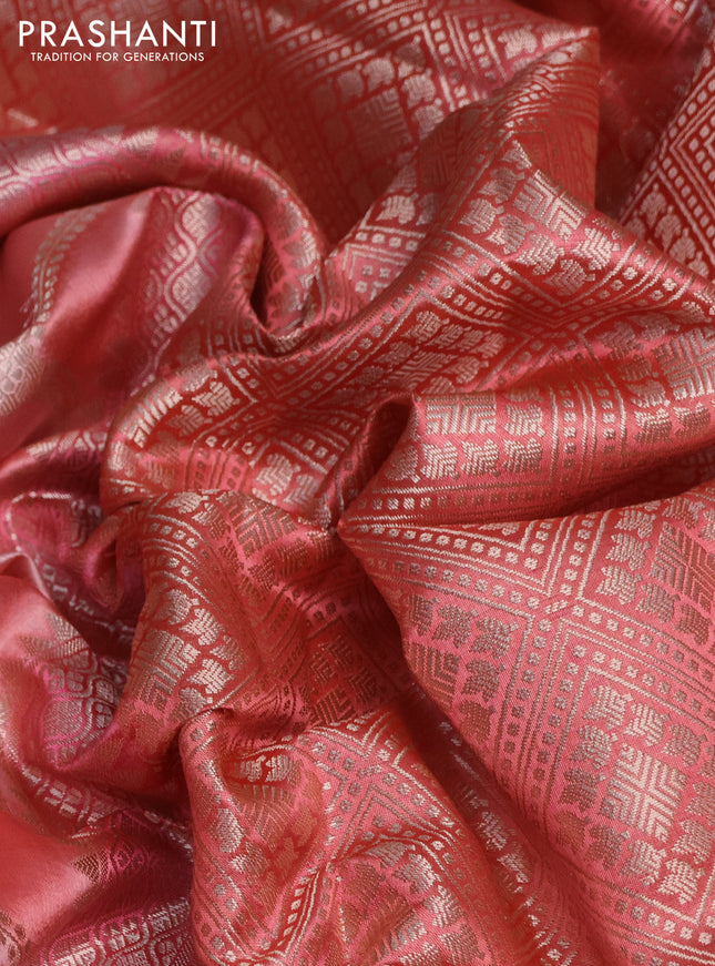 Banarasi poona silk saree peach pink with allover zari weaves and simple border