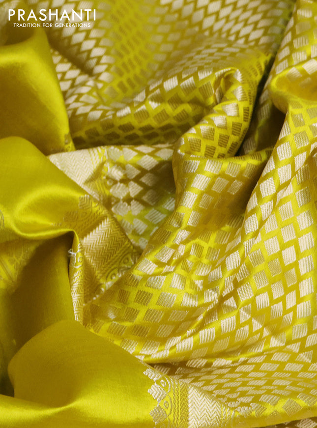 Banarasi poona silk saree lime yellow with zari woven floral buttas and zari woven border