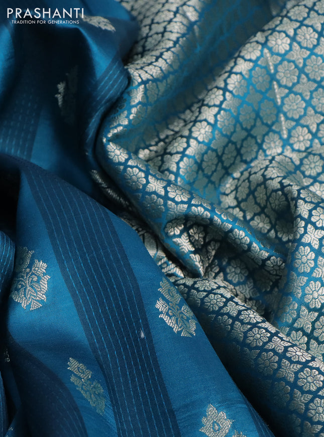 Banarasi poona silk saree teal blue with zari woven buttas and zari woven simple border