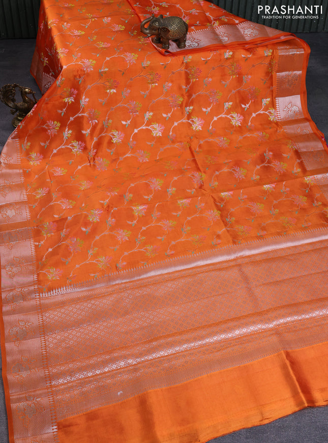 Banarasi poona silk saree orange and pink with allover silver & thread mina weaves and silver zari woven border