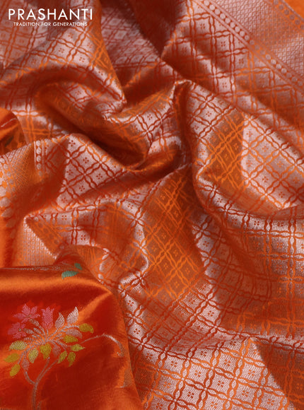 Banarasi poona silk saree orange and pink with allover silver & thread mina weaves and silver zari woven border