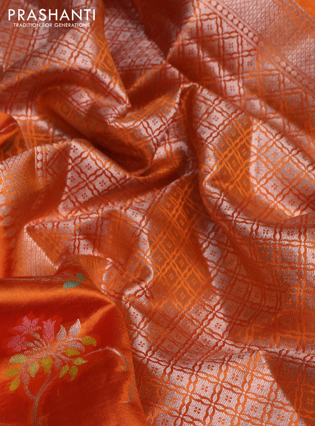 Banarasi poona silk saree orange and pink with allover silver & thread mina weaves and silver zari woven border