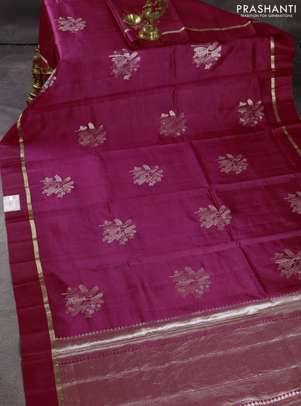 Banarasi poona silk saree pink with silver & gold zari woven buttas and zari woven simple border