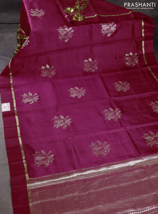Banarasi poona silk saree pink with silver & gold zari woven buttas and zari woven simple border