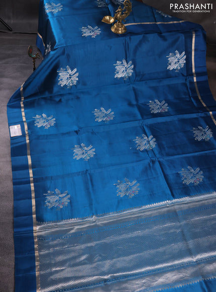 Banarasi poona silk saree cs blue with silver & gold zari woven buttas and zari woven simple border