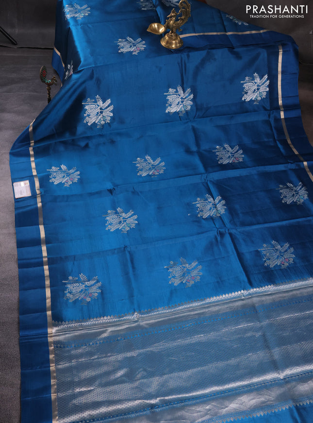 Banarasi poona silk saree cs blue with silver & gold zari woven buttas and zari woven simple border