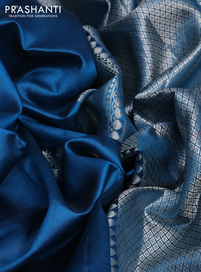 Banarasi poona silk saree cs blue with silver & gold zari woven buttas and zari woven simple border