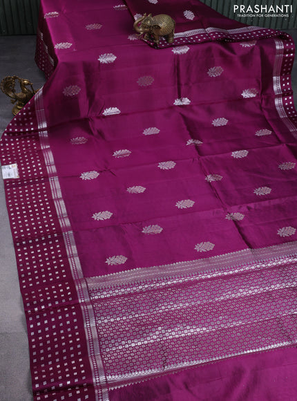 Banarasi poona silk saree deep purple with silver zari woven buttas and silver zari woven border