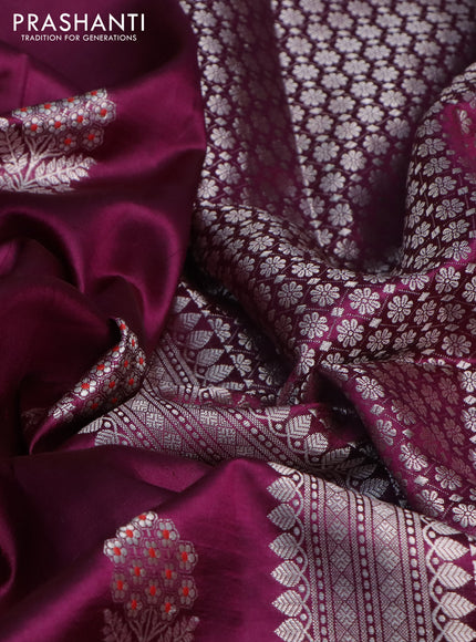 Banarasi poona silk saree deep purple with silver zari woven buttas and silver zari woven border