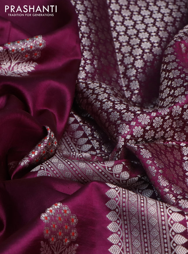Banarasi poona silk saree deep purple with silver zari woven buttas and silver zari woven border