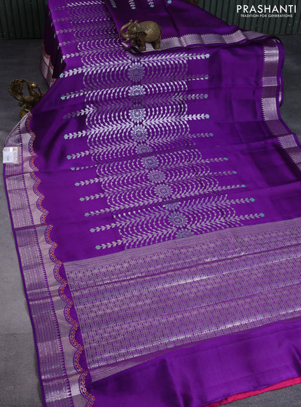 Banarasi poona silk saree violet with allover silver zari woven brocade weaves and zari woven border