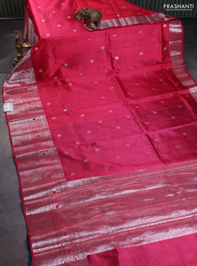 Banarasi poona silk saree pink and peacock blue with zari woven buttas and long silver zari woven border