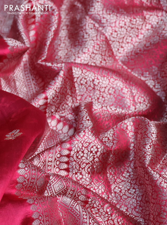 Banarasi poona silk saree pink and peacock blue with zari woven buttas and long silver zari woven border