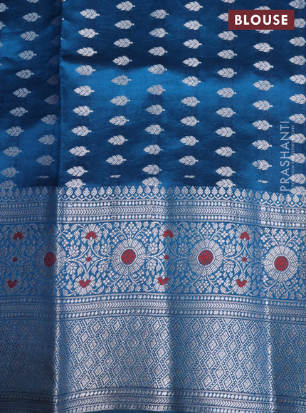 Banarasi poona silk saree pink and peacock blue with zari woven buttas and long silver zari woven border