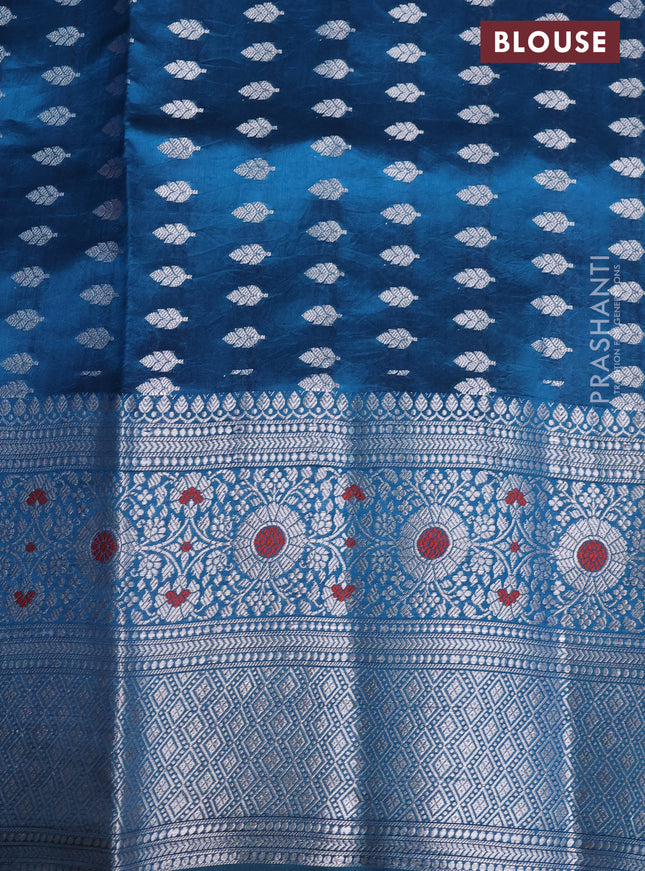 Banarasi poona silk saree pink and peacock blue with zari woven buttas and long silver zari woven border