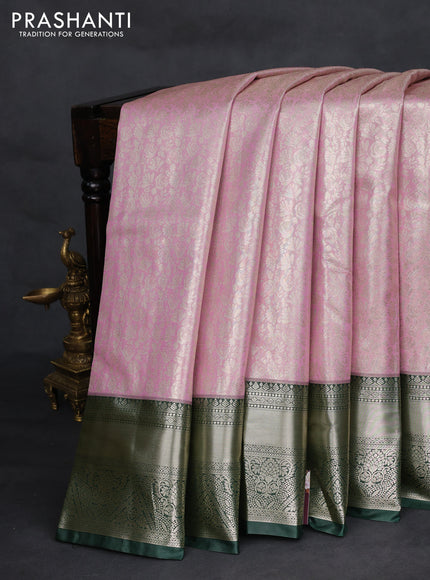 Bangalori tissue silk saree light pink and bottle green with allover zari woven brocade weaves and long rich zari woven border