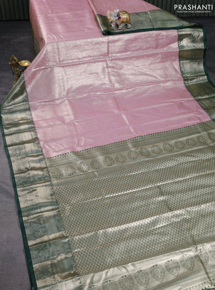 Bangalori tissue silk saree light pink and bottle green with allover zari woven brocade weaves and long rich zari woven border