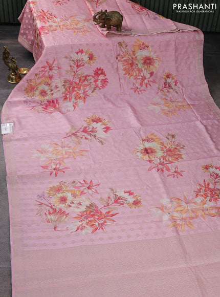 Chiniya silk saree mild peach pink with allover silver zari buttas & digital prints and zari woven border