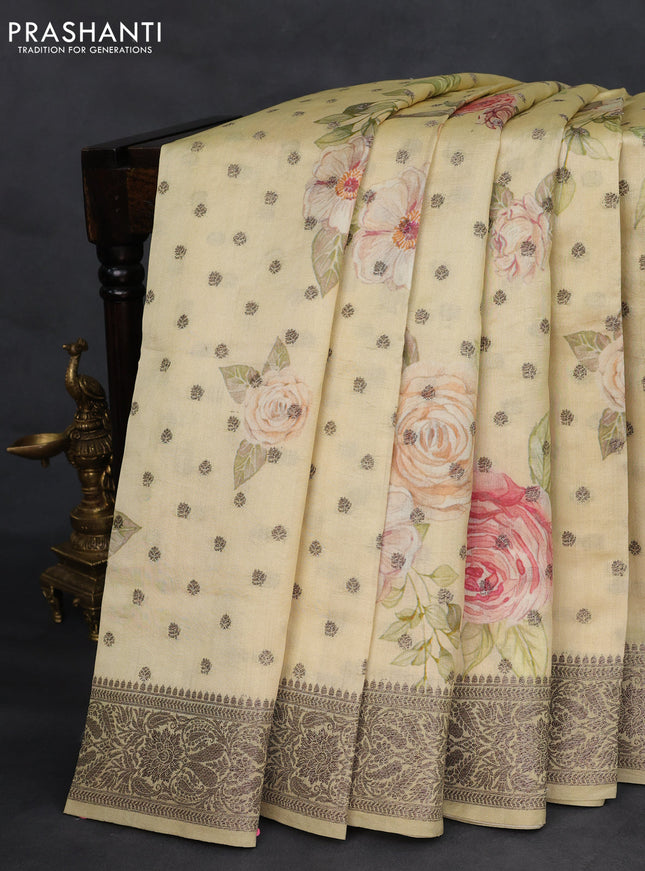 Chiniya silk saree pale yellow and elaichi green with allover woven buttas & digital prints and banarasi style border