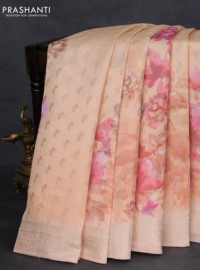 Chiniya silk saree sandal with zari woven buttas & digital prints and zari woven border