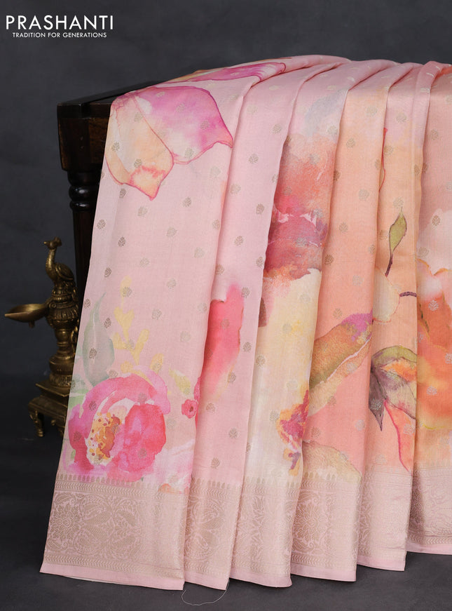 Chiniya silk saree peach orange and peach pink with zari woven buttas & digital prints and zari woven border