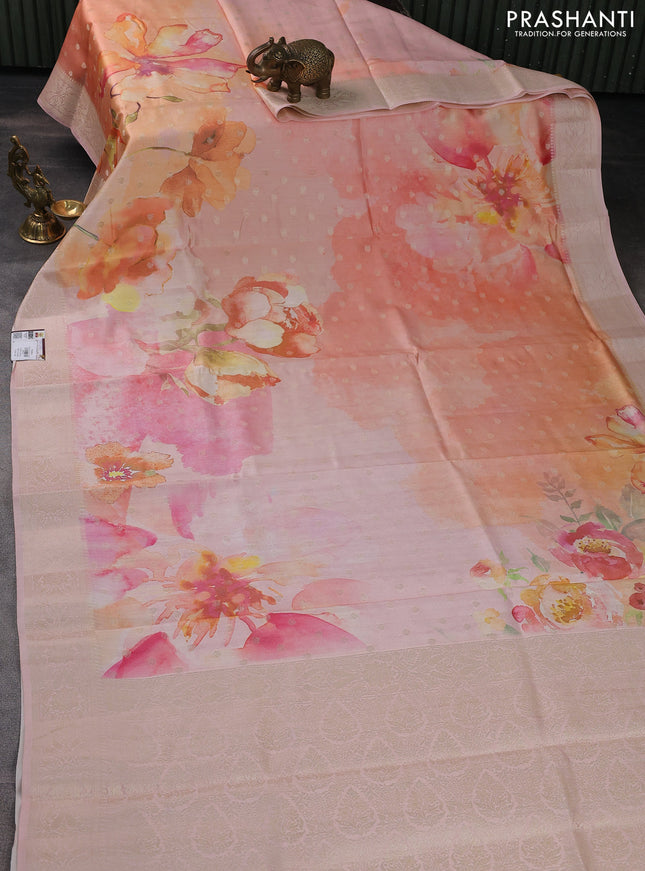 Chiniya silk saree peach orange and peach pink with zari woven buttas & digital prints and zari woven border