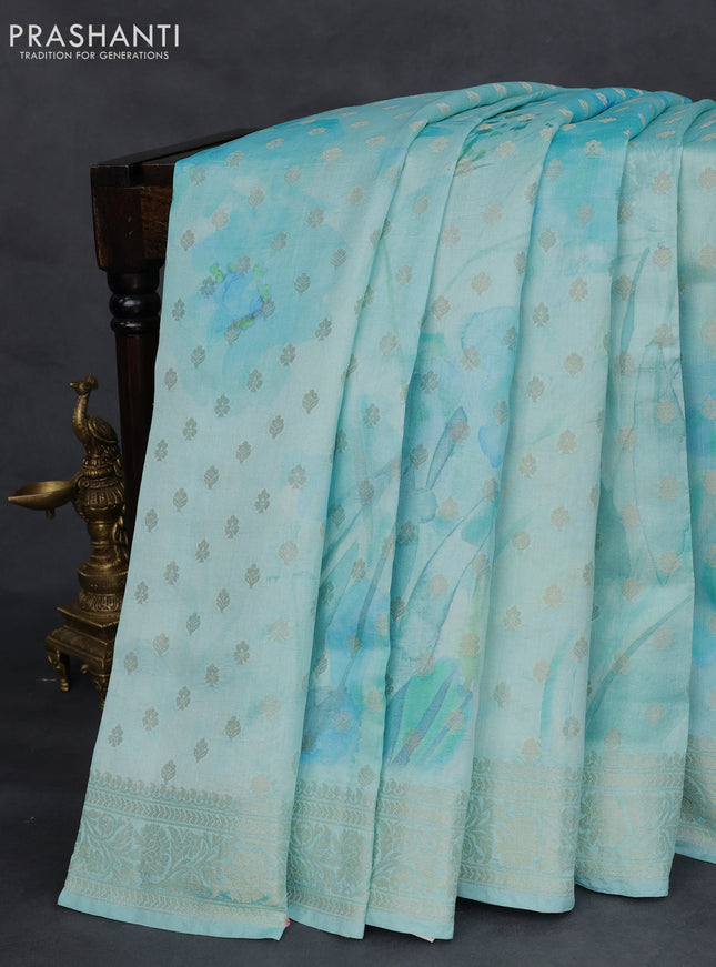 Chiniya silk saree teal blue with zari woven buttas & digital prints and zari woven border
