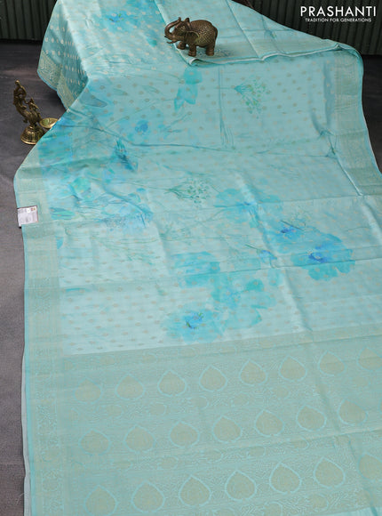 Chiniya silk saree teal blue with zari woven buttas & digital prints and zari woven border