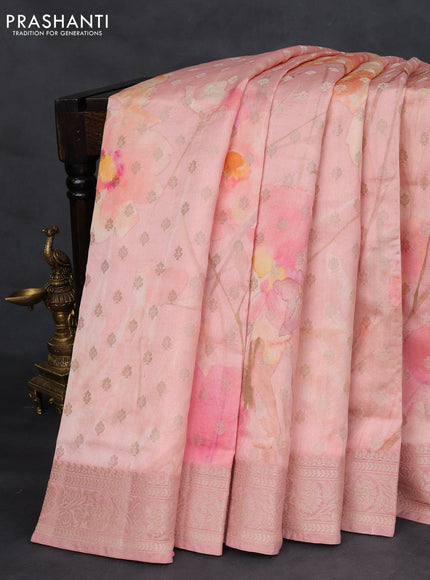 Chiniya silk saree peach shade with zari woven buttas & digital prints and zari woven border