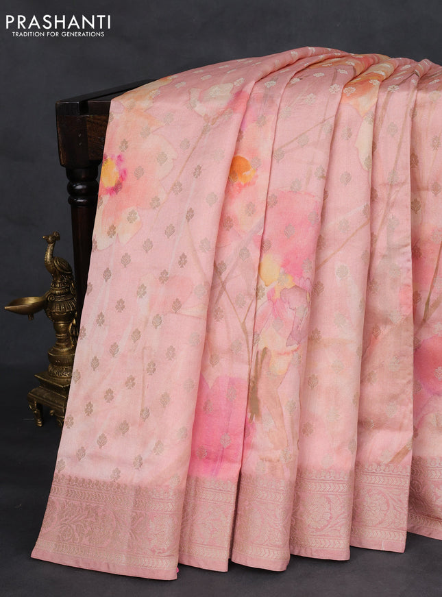 Chiniya silk saree peach shade with zari woven buttas & digital prints and zari woven border