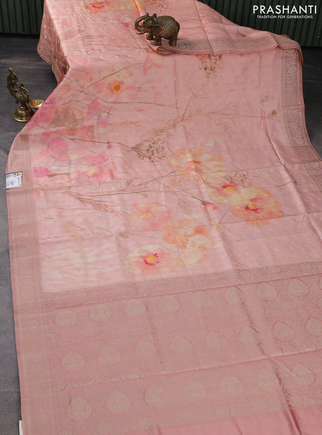 Chiniya silk saree peach shade with zari woven buttas & digital prints and zari woven border