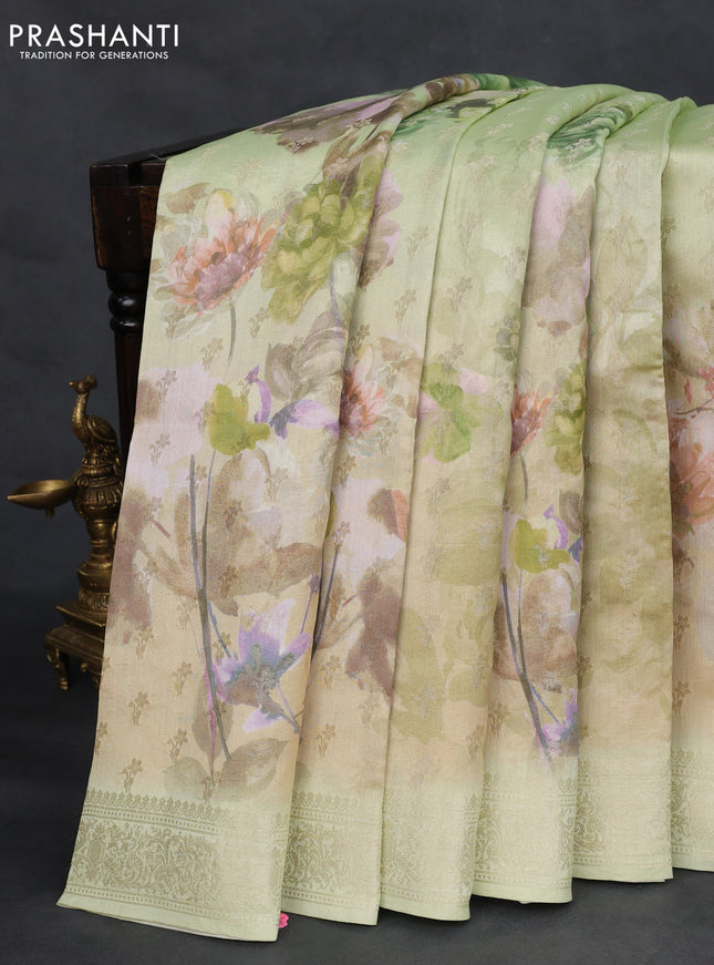 Chiniya silk saree pista green with zari woven buttas & digital prints and zari woven border