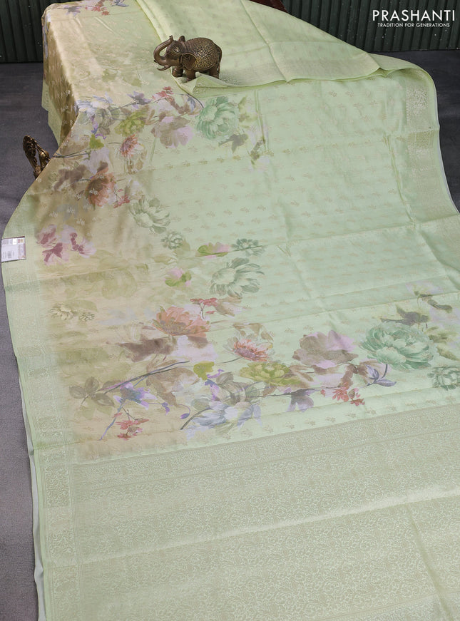 Chiniya silk saree pista green with zari woven buttas & digital prints and zari woven border