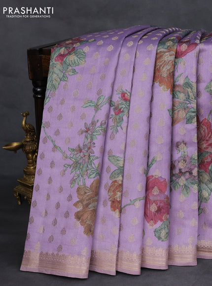 Chiniya silk saree lavender shade with zari woven buttas & digital prints and zari woven border