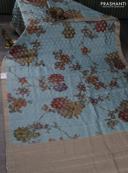 Chiniya silk saree pastel blue with zari woven buttas & digital prints and zari woven border