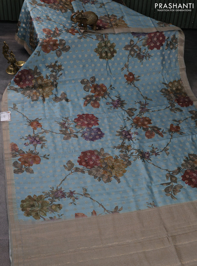 Chiniya silk saree pastel blue with zari woven buttas & digital prints and zari woven border