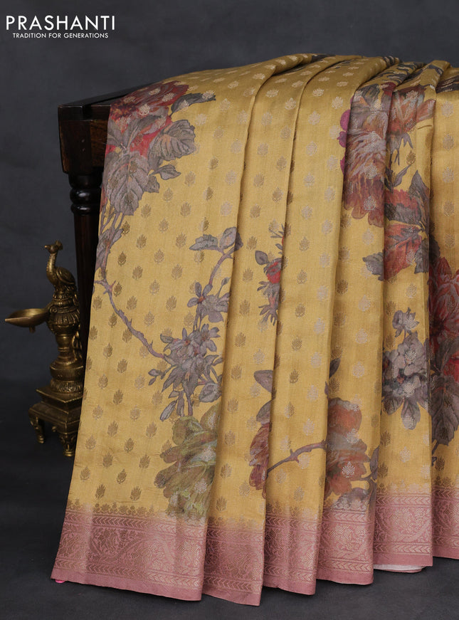 Chiniya silk saree mustard yellow with zari woven buttas & digital prints and zari woven border